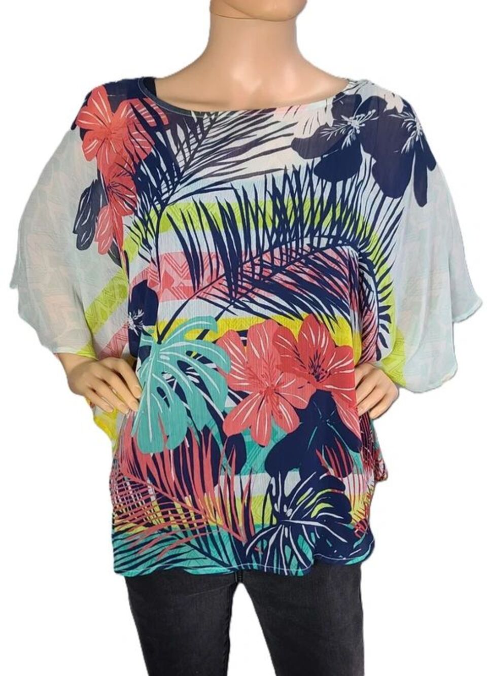 Ruby Rd Women's Medium Tropical Floral Palm Print Chiffon Flutter Sleeve Blouse